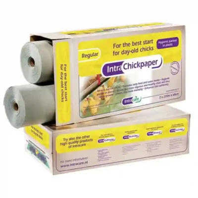 Kuikenpapier Chickpaper; het papier kan onder het strobed in de kalvereenlingbox gelegd worden, dit voorkomt overmatig stroverbruik.