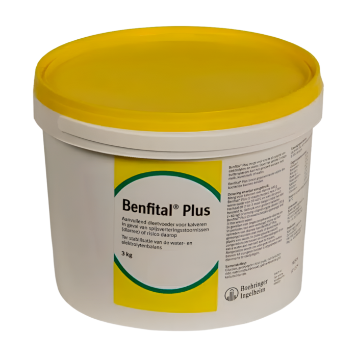 Benfital Plus is een aanvullend diervoeder voor kalveren met kalverdiarree. Het stabiliseert de water- en elektrolyten balans.